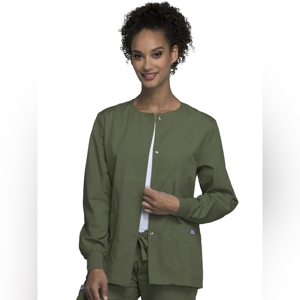 Cherokee Workwear Prints Women's Scrubs Jacket Snap Front Warm Up 4350 Olive